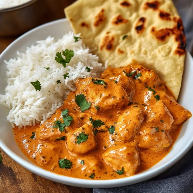 Homemade butter chicken served with rice and naan bread