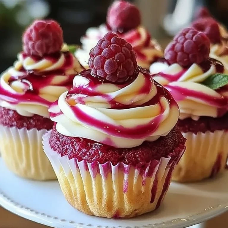 Delicious Raspberry Cheesecake Cupcakes topped with fresh raspberries.