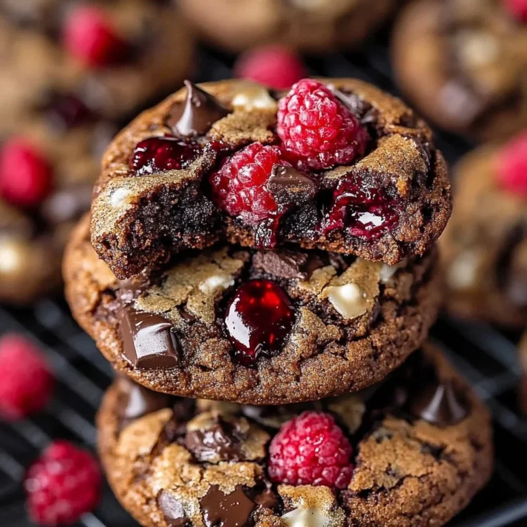Freshly baked Raspberry Chocolate Chunk Cookies on a wooden platter