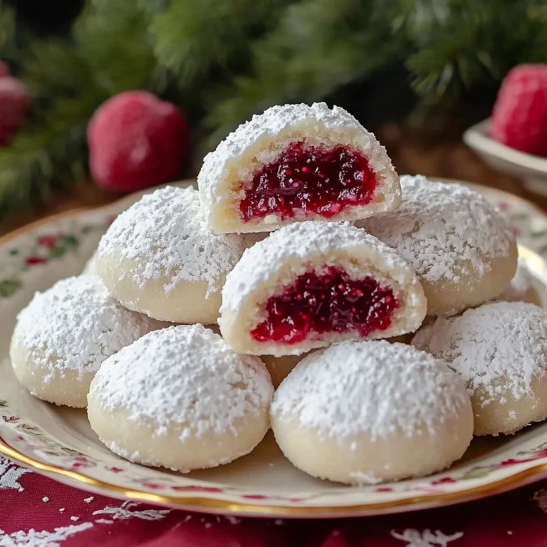 Delicious Raspberry-Filled Almond Snow Cookies arranged on a festive plate