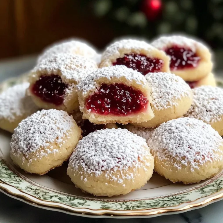 Delicious Raspberry-Filled Almond Snow Cookies on a festive plate