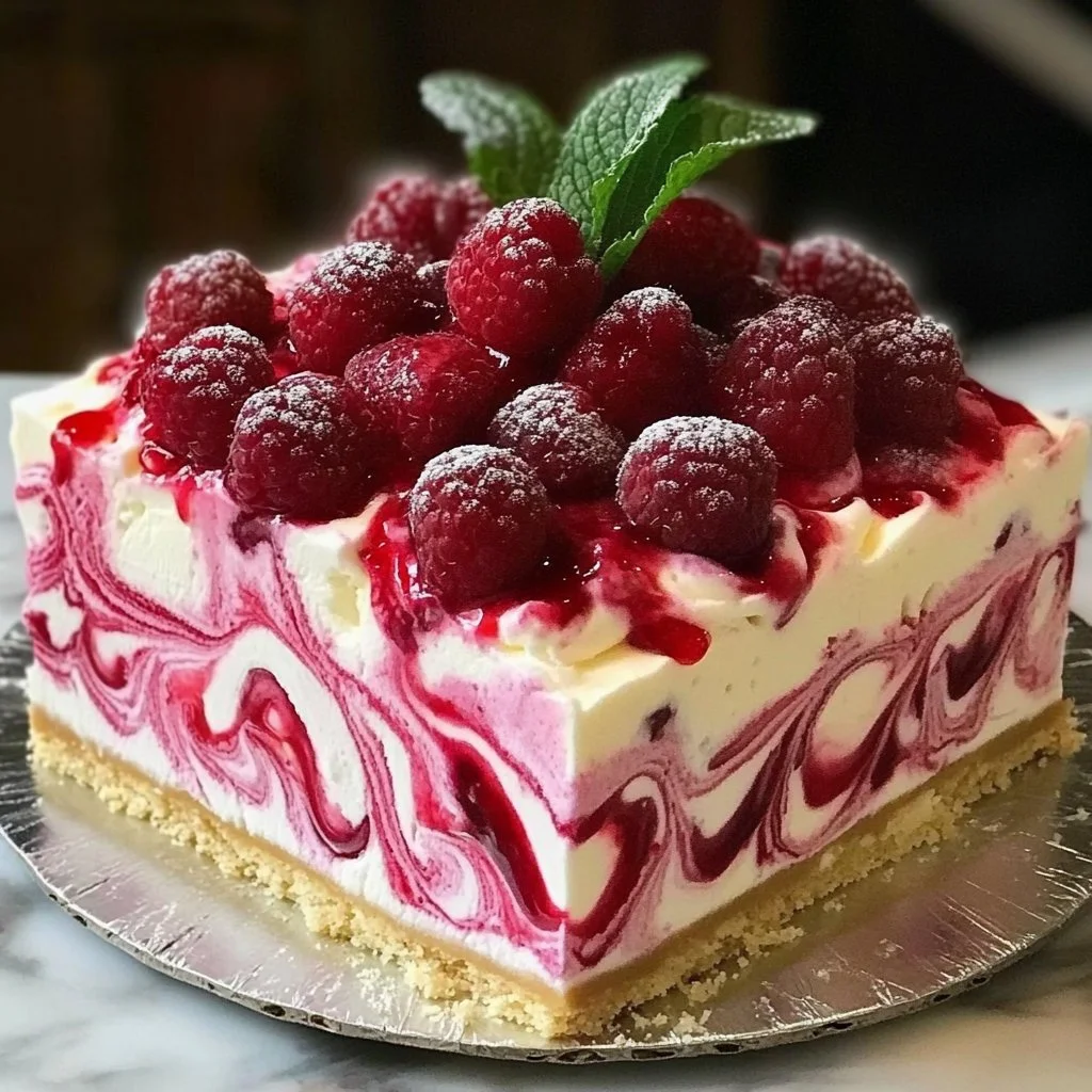 Deliciously creamy Raspberry Swirl Cheesecake topped with fresh raspberries.