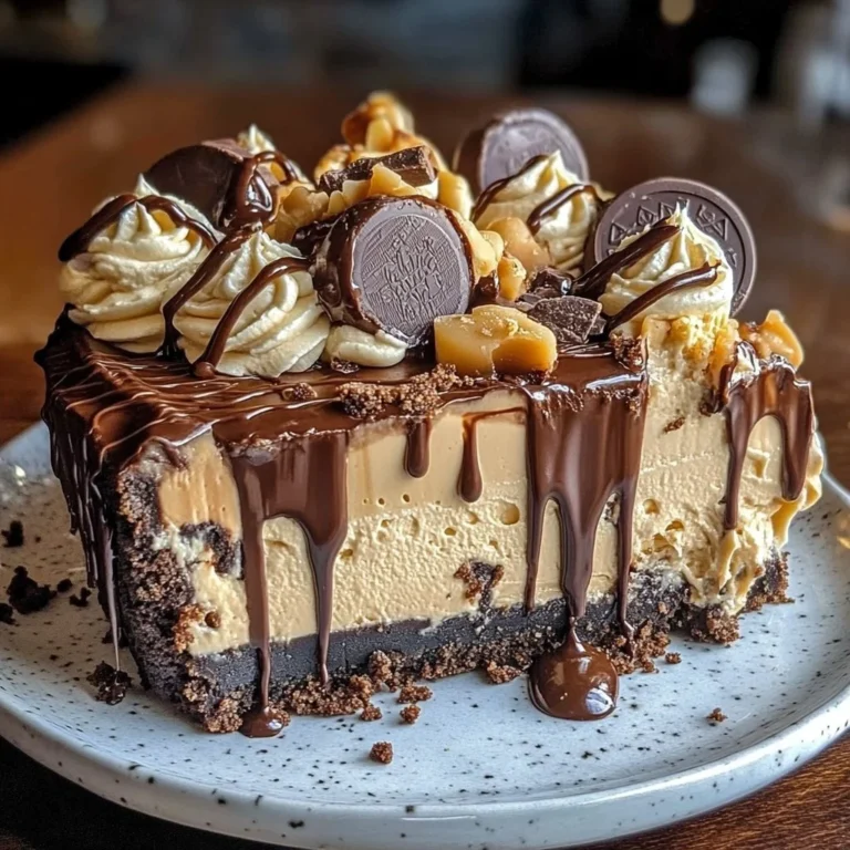 Delicious Reese's Peanut Butter Cup cheesecake topped with chocolate and peanut butter