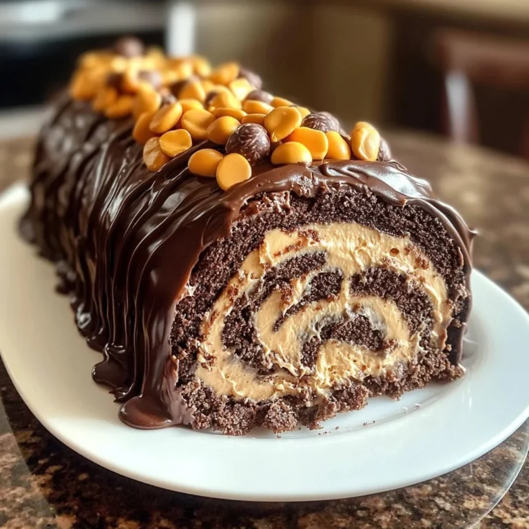 Reese's Peanut Butter Cup Roll Cake topped with chocolate and peanut butter