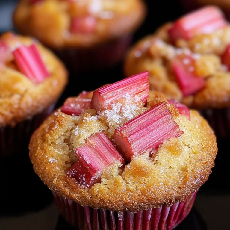 Freshly baked rhubarb muffins with a golden crust and tart filling.