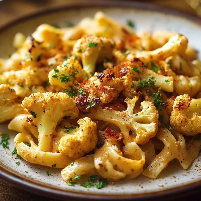Roasted Parmesan Crusted Cauliflower garnished with herbs on a serving plate
