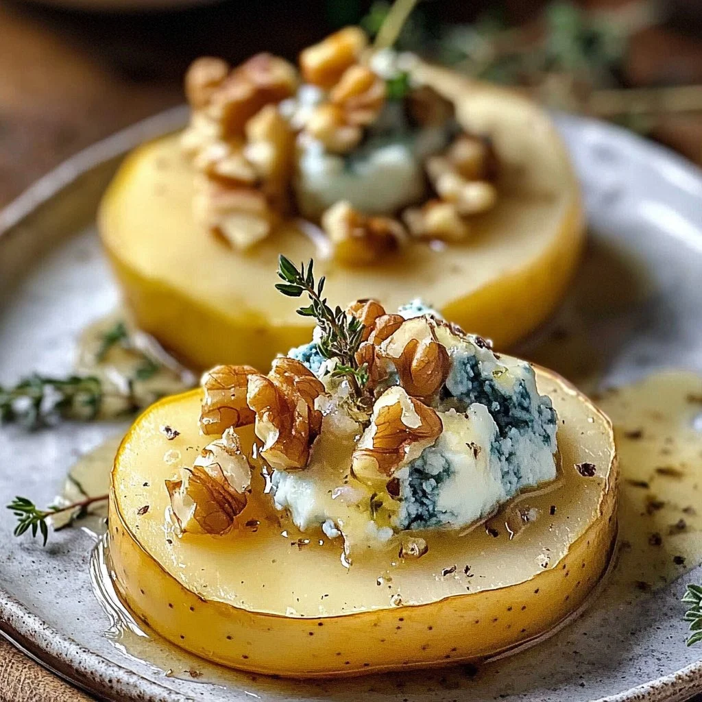 Roasted pears topped with blue cheese, walnuts, and honey on a plate.