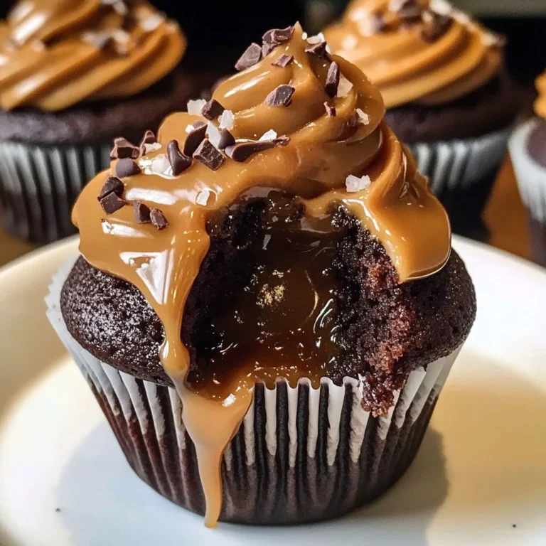 Salted caramel chocolate cupcakes displayed on a dessert table