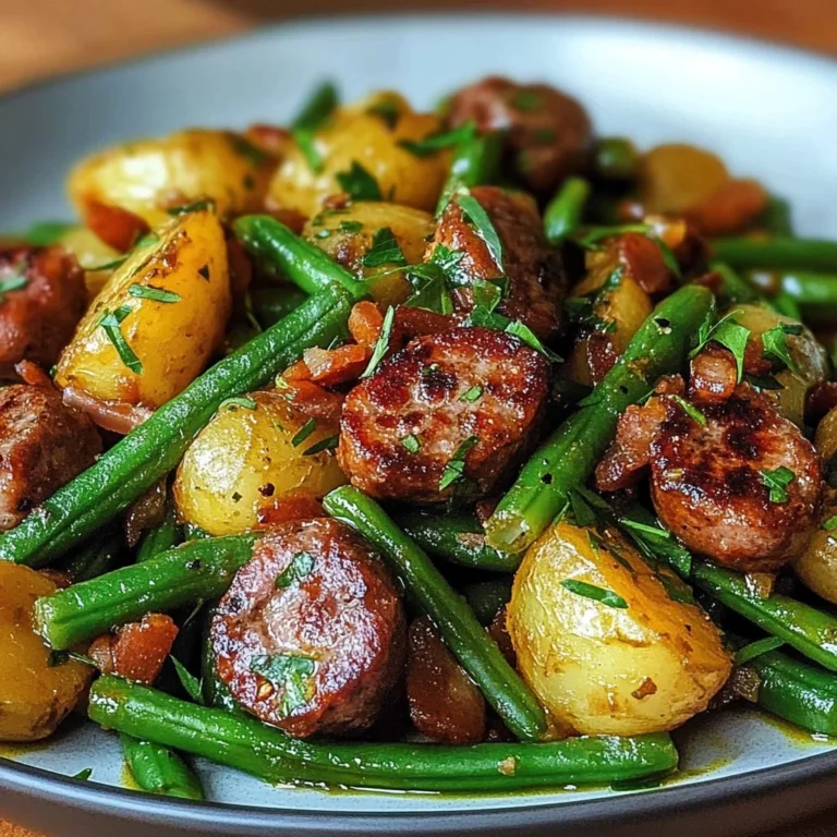Sizzling Sausage Potato Green Bean Skillet served in a cast-iron pan.