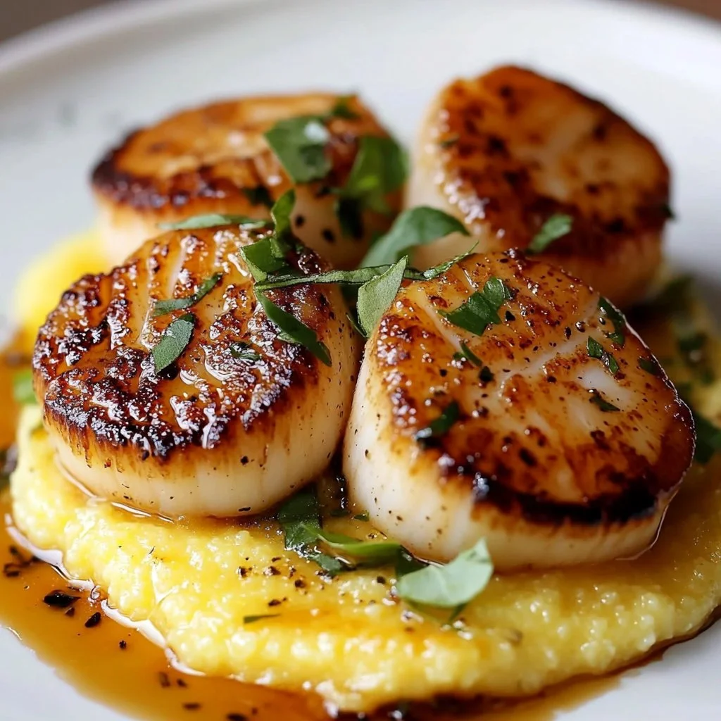 Delicious scallops with herb brown butter atop creamy polenta.