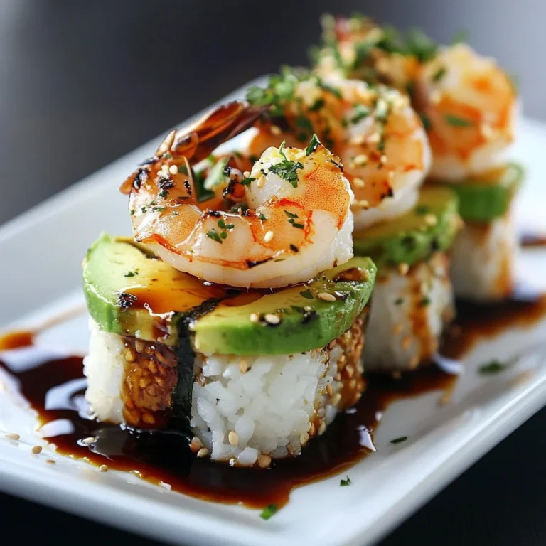 Spicy shrimp sushi stacks arranged beautifully on a plate