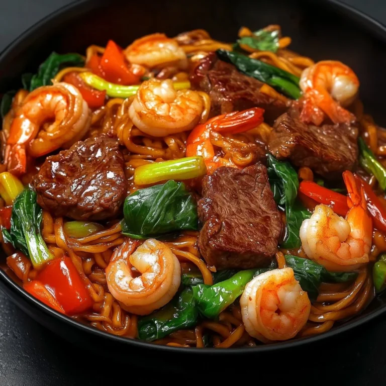 Plate of Steak & Shrimp Stir-Fried Noodles garnished with vegetables