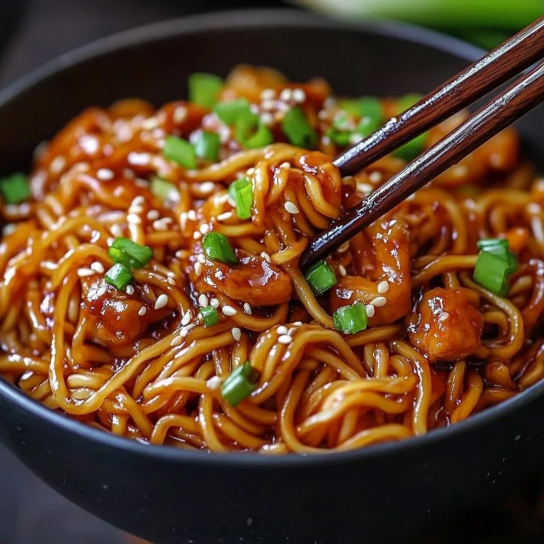 Delicious Sticky Garlic Chicken Noodles served in a bowl garnished with herbs.