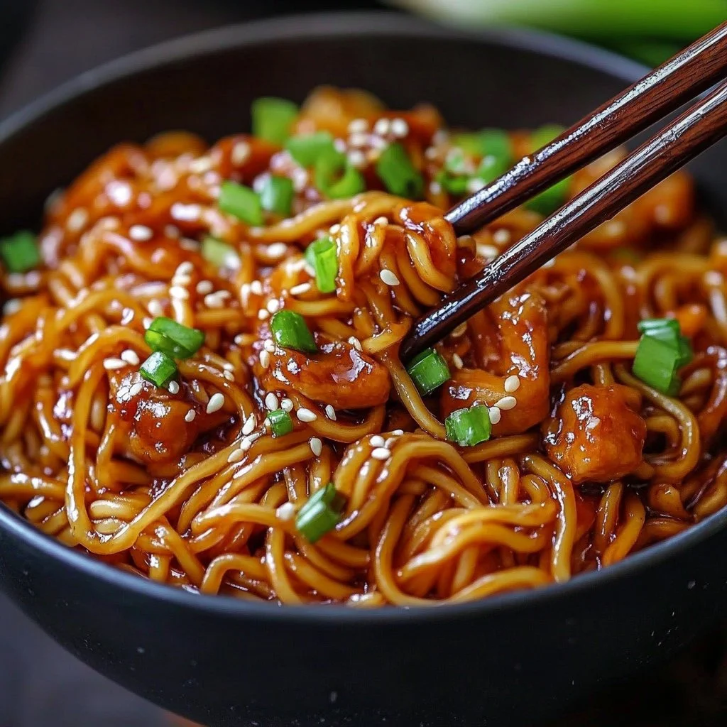 Delicious Sticky Garlic Chicken Noodles served in a bowl garnished with herbs.