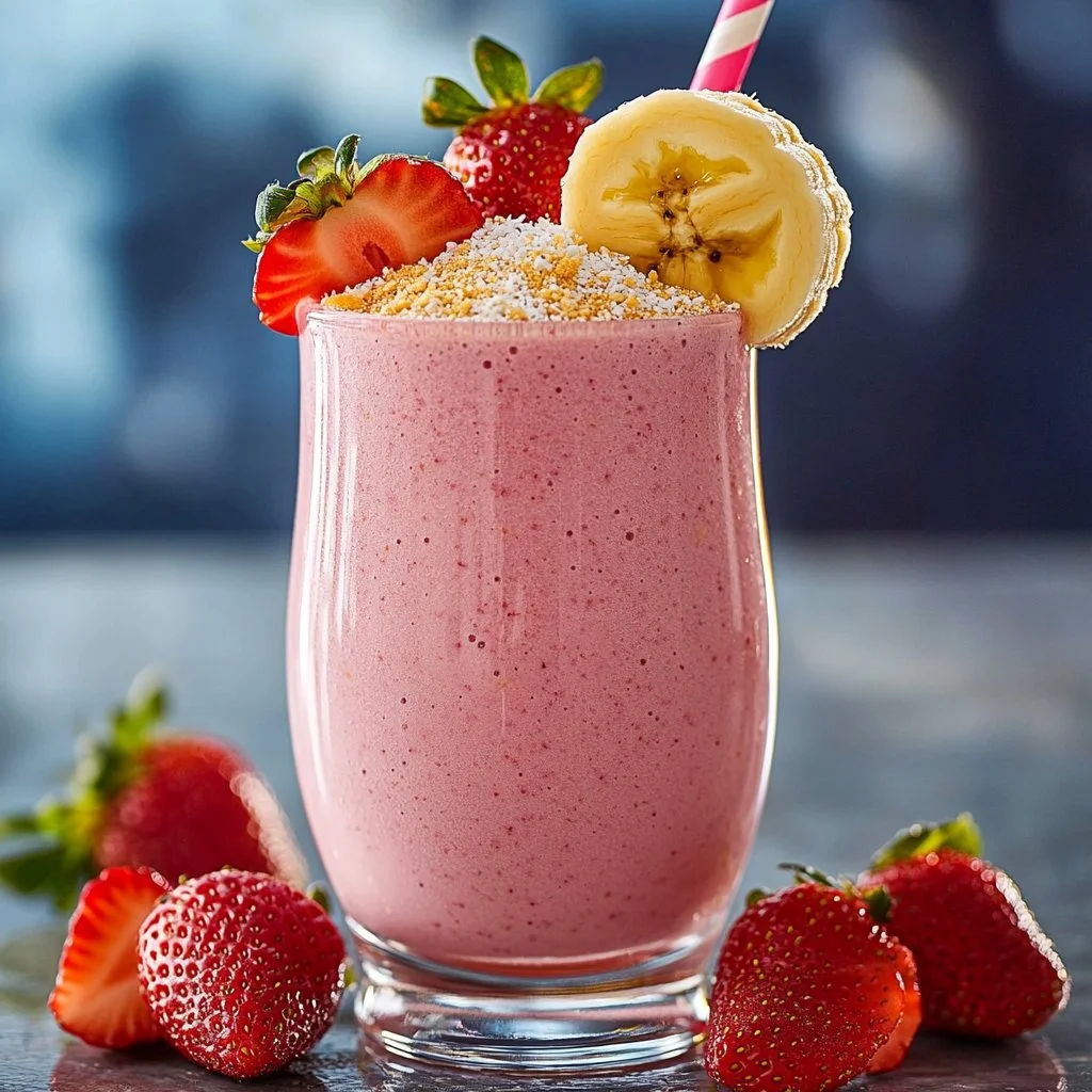 Delicious strawberry banana smoothie in a glass with fresh berries and bananas