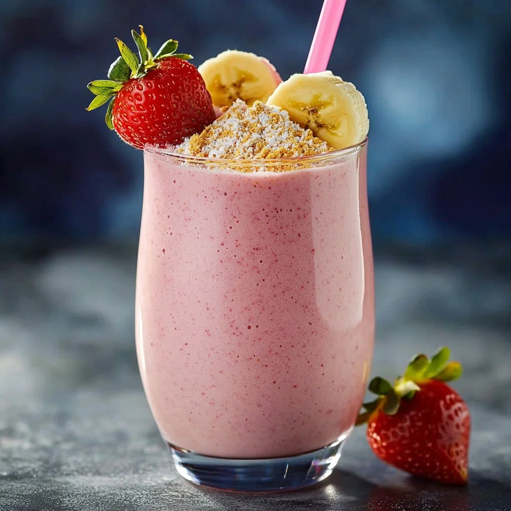 Delicious strawberry banana smoothie in a glass with fresh fruit slices
