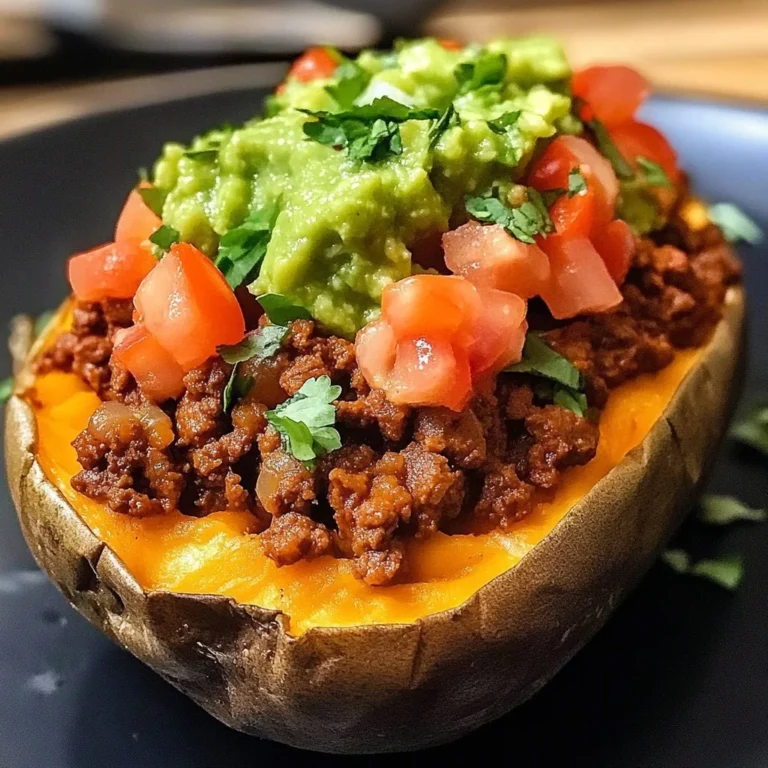 Stuffed sweet potato with beef, cheddar cheese, and guacamole on a plate