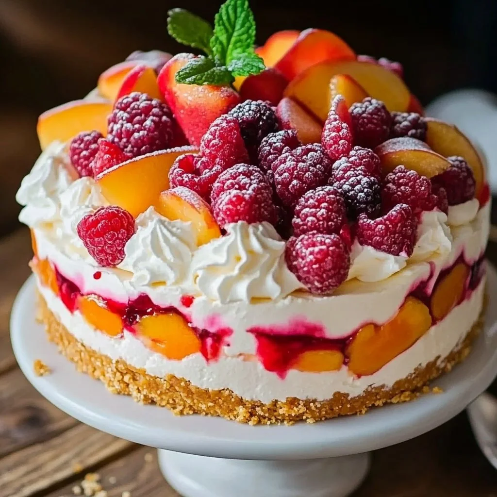 Summer Berry and Peach Cheesecake topped with fresh berries and peaches