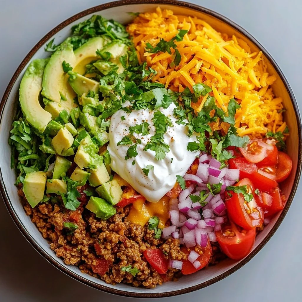 Delicious Taco Rice Bowl garnished with fresh toppings and served in a colorful bowl