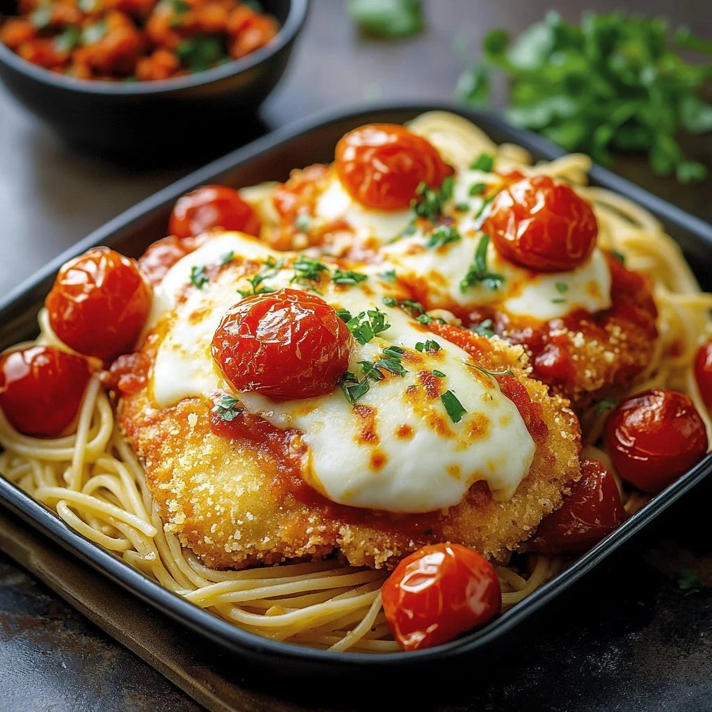 Plate of crispy baked chicken parmesan topped with melted cheese and herbs
