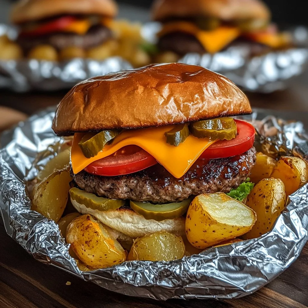 Delicious cheese burger foil packets ready to be grilled