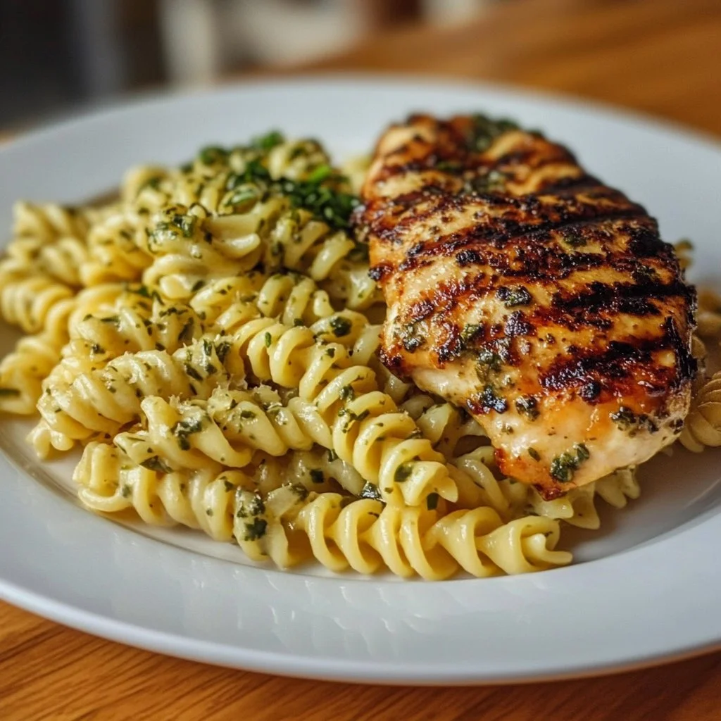 Bowl of creamy garlic parmesan chicken pasta garnished with parsley