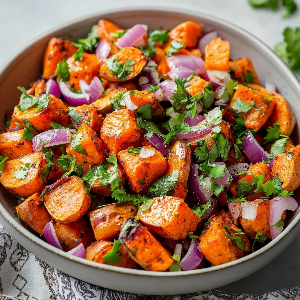 Bowl of colorful sweet potato salad garnished with herbs and veggies