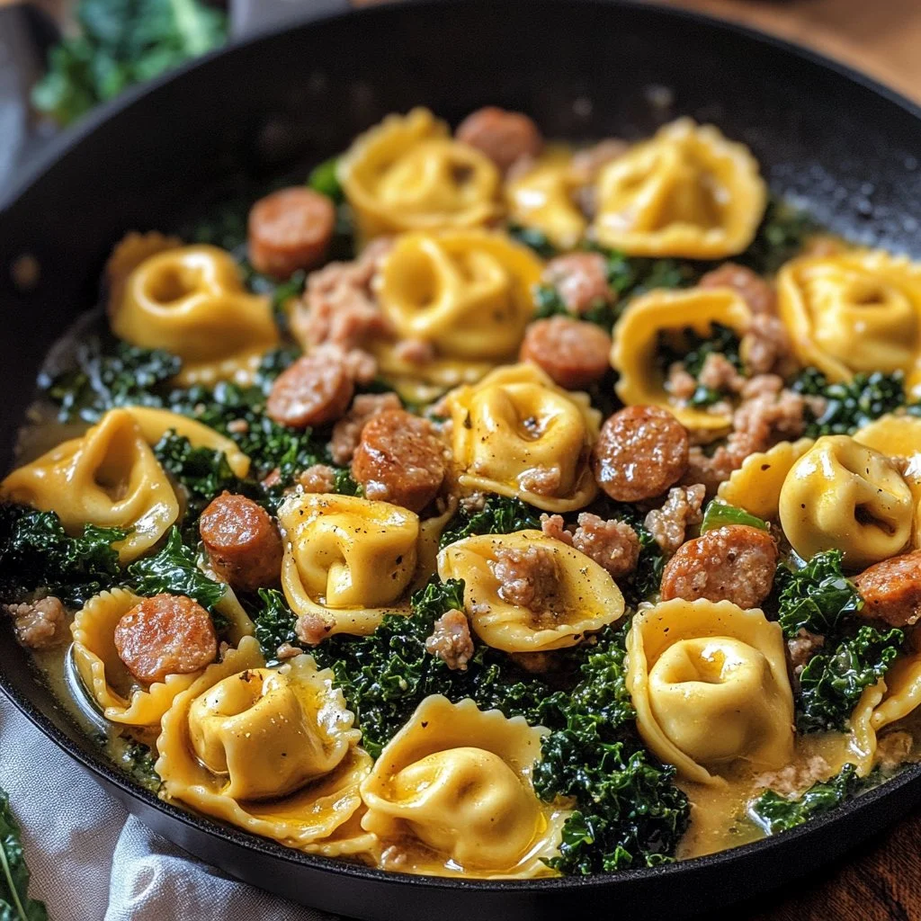 Creamy Tortellini Alfredo with sausage and kale in a delicious sauce