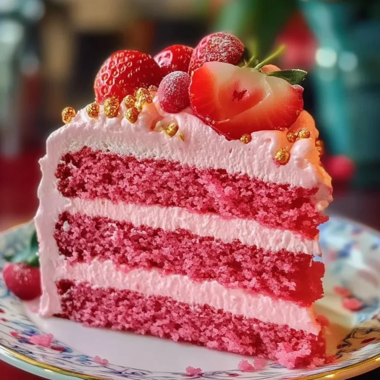 Triple Layer Strawberry Cake with fresh strawberries and cream frosting