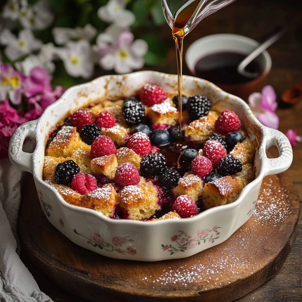 Vegan French toast casserole topped with fresh berries and maple syrup.