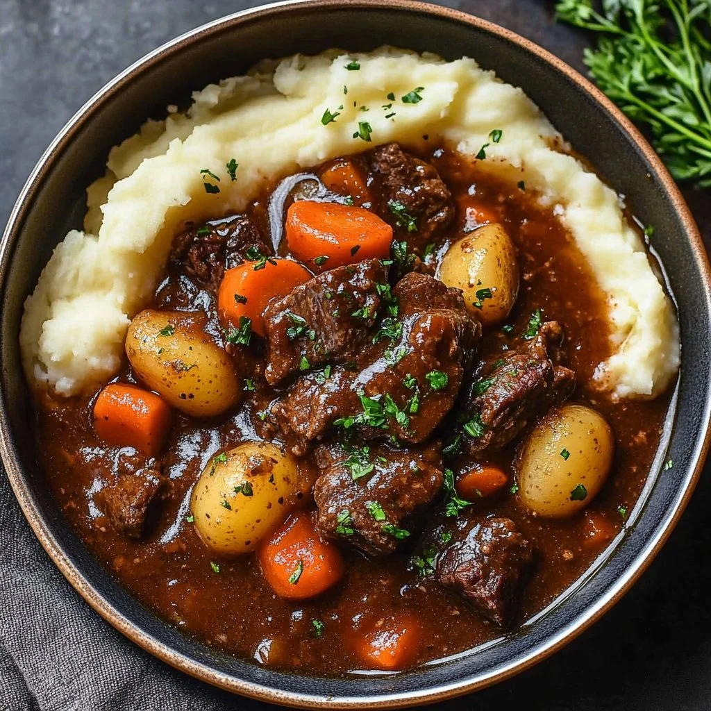 Bowl of delicious Beef and Guinness Stew with fresh herbs and vegetables