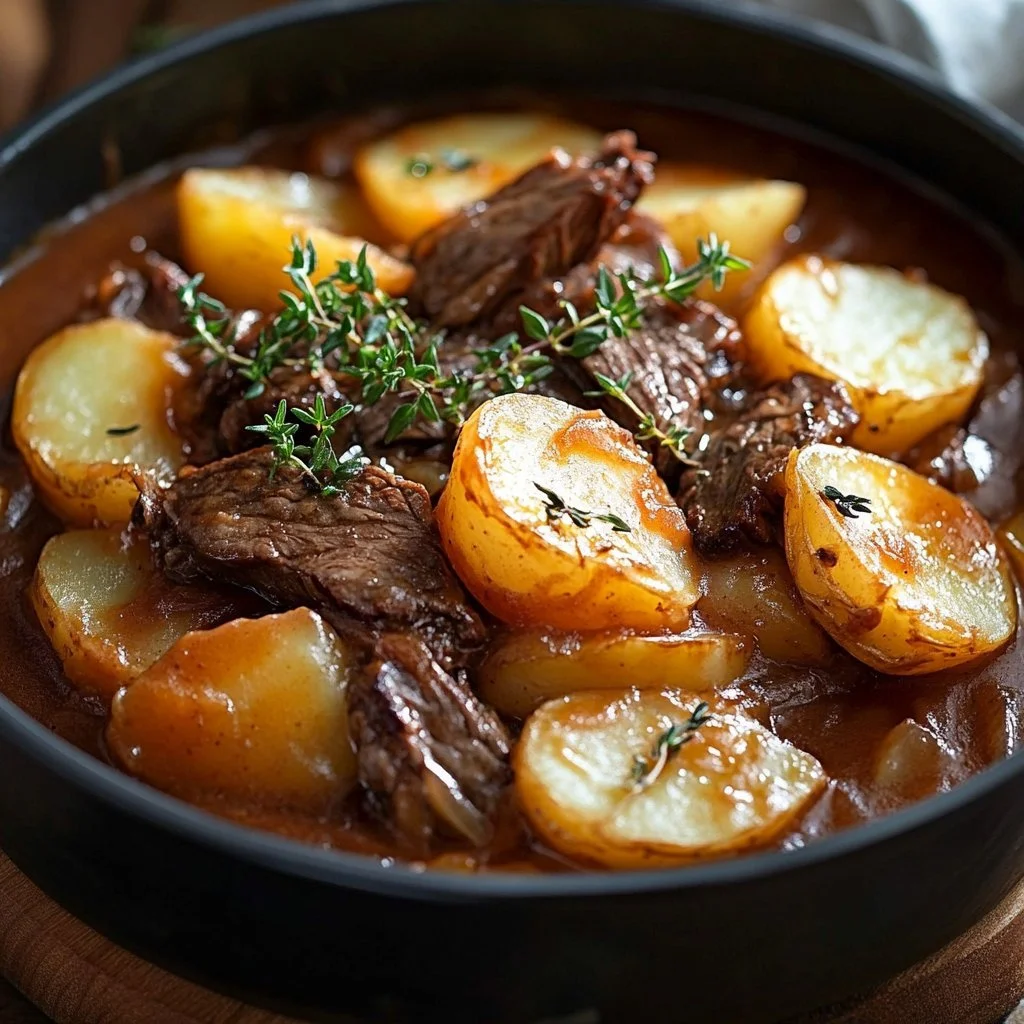 Hearty beef stew topped with creamy potatoes in a rustic bowl.