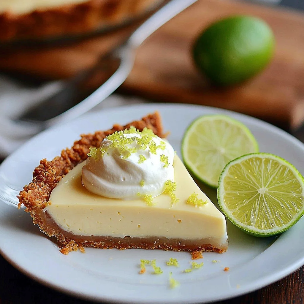 Delicious slice of key lime pie served with whipped cream and lime garnish