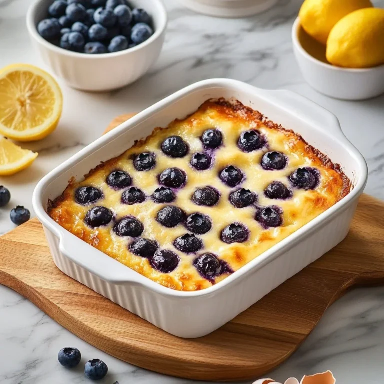 Blueberry cottage cheese breakfast bake topped with fresh blueberries
