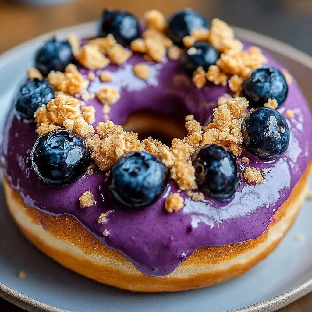 Blueberry glazed donut with a shiny blueberry icing coating