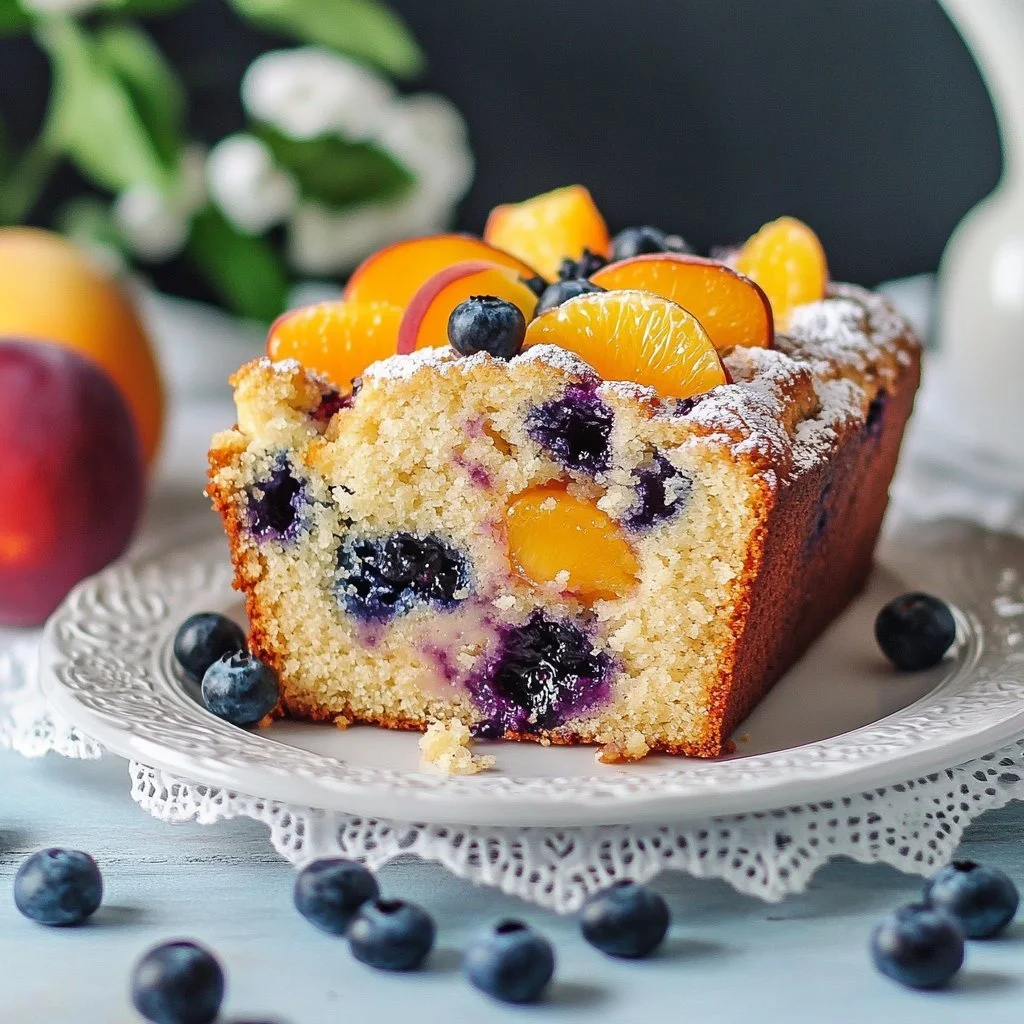 Freshly baked Blueberry Peach Bread with juicy fruit toppings