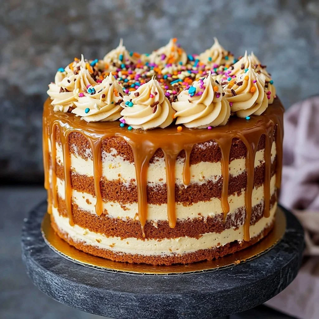 Delicious Caramel Ginger Cake topped with caramel drizzle and ginger pieces