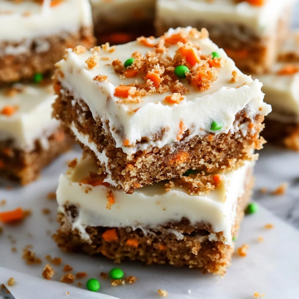 Delicious carrot cake bars topped with cream cheese frosting on a rustic wooden table.