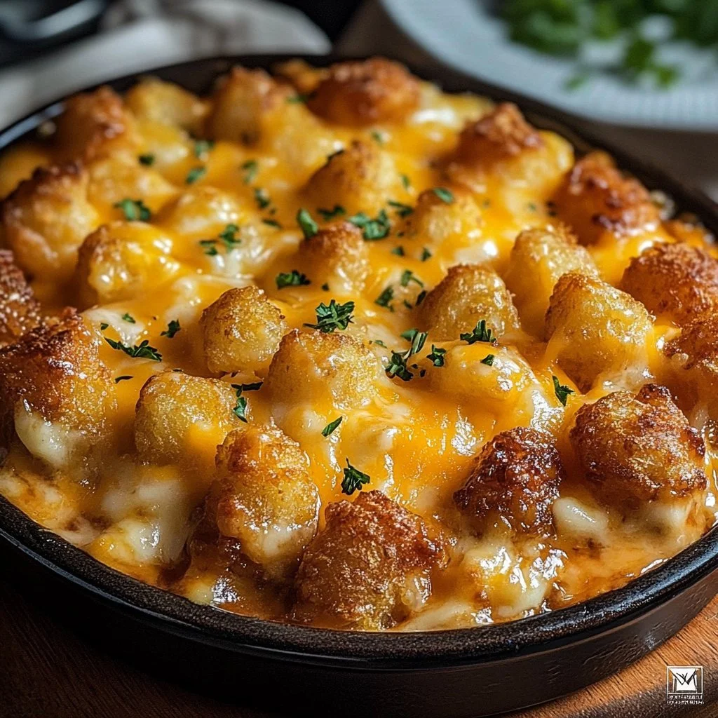 Cheesy meatloaf and tater tot bake served in a casserole dish, topped with cheese.