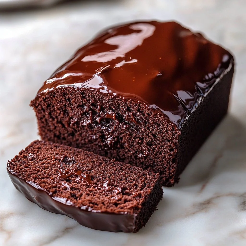 Delicious chocolate loaf cake with glossy chocolate glaze on top