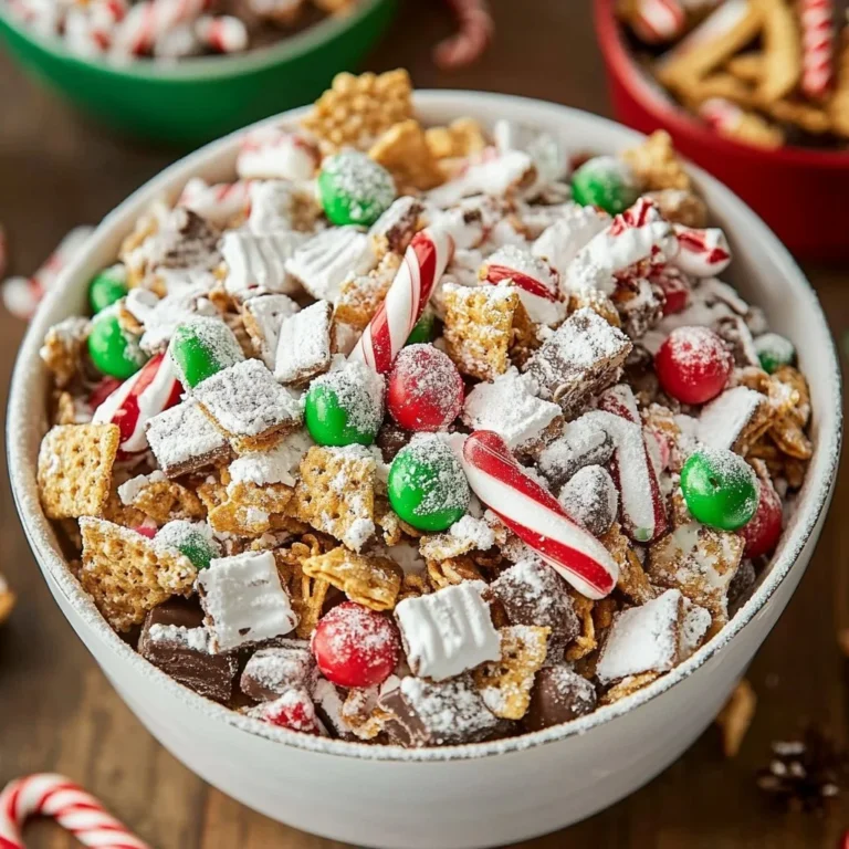 A bowl of colorful Christmas Chex Mix with festive decorations.
