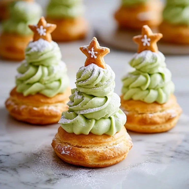 Festive Christmas Tree Cream Puffs decorated with green icing and sprinkles