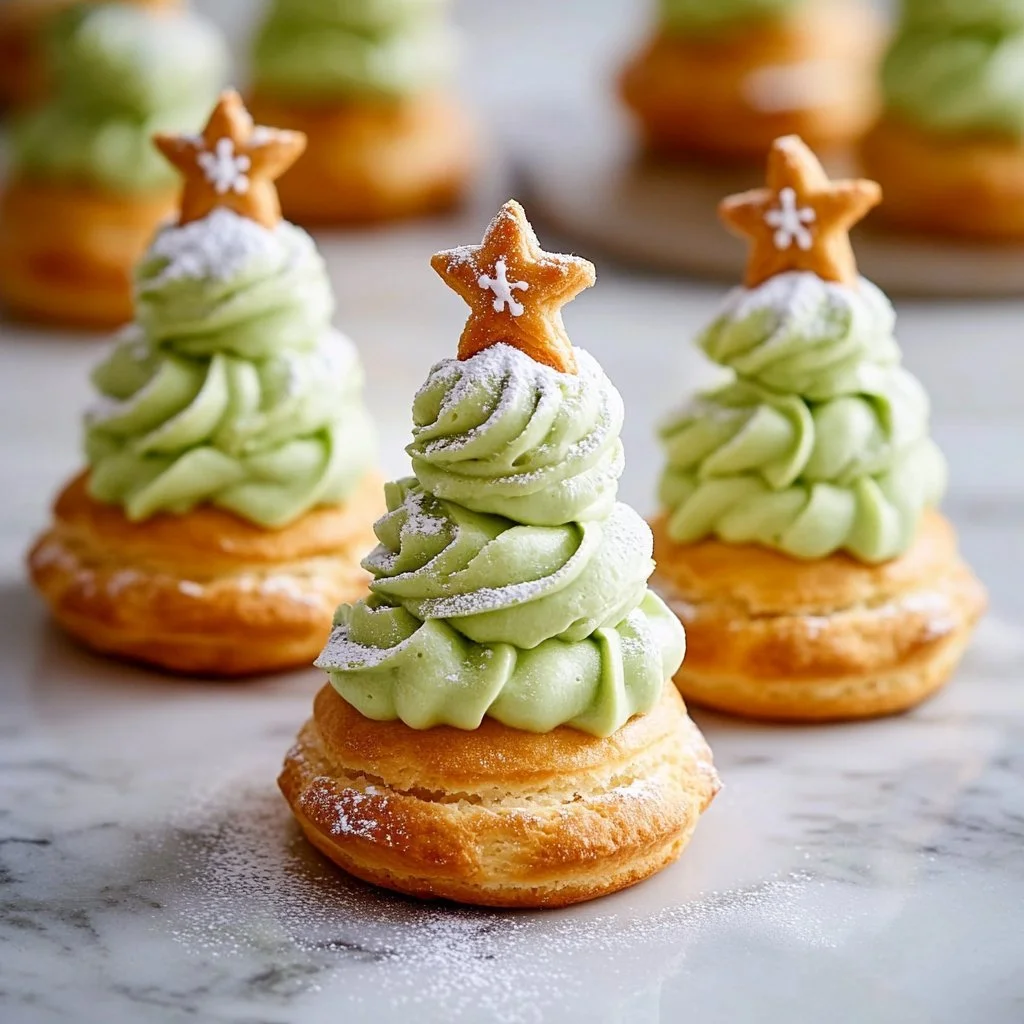 Festive Christmas Tree Cream Puffs decorated with green icing and sprinkles