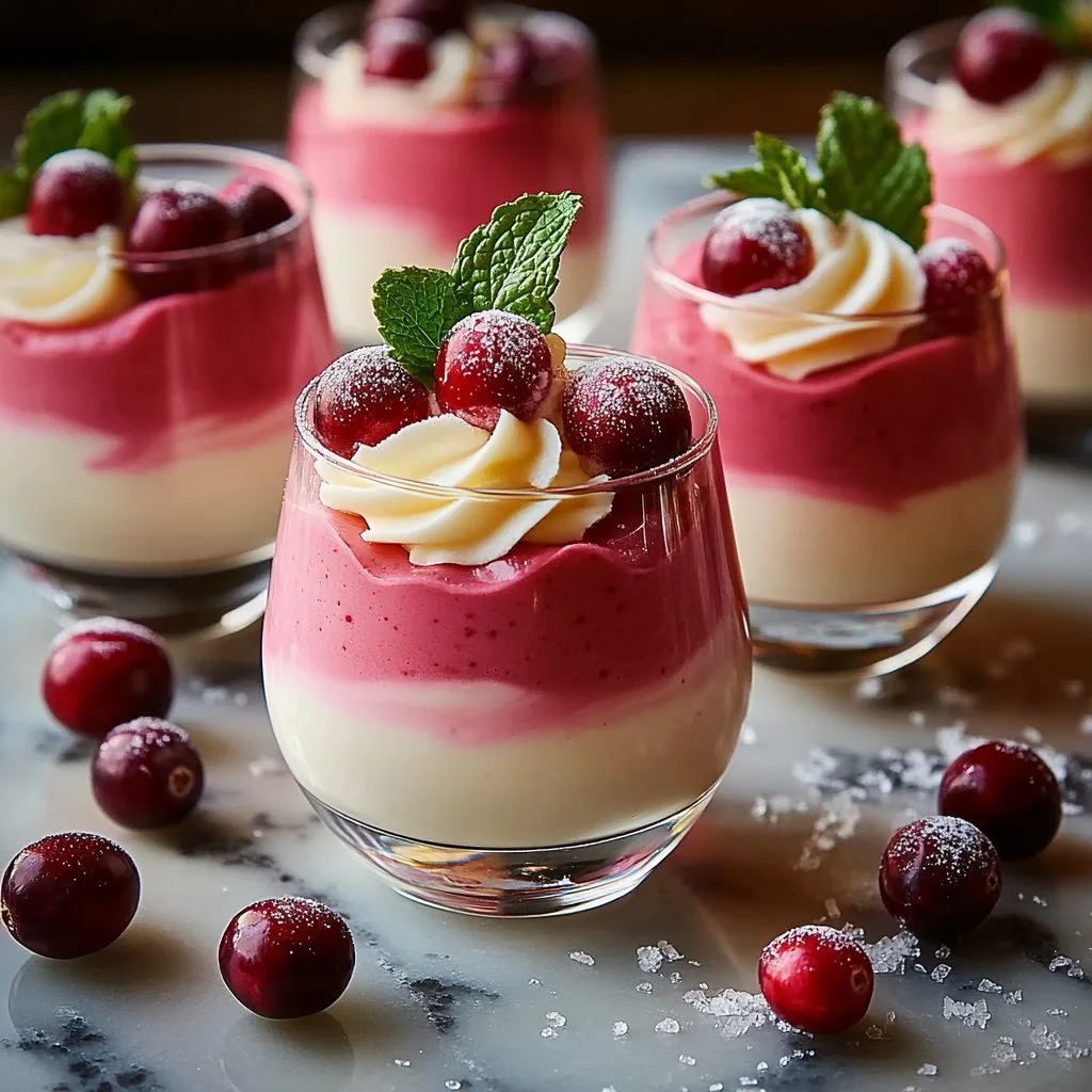 Delicious cranberry mousse cups garnished with fresh cranberries