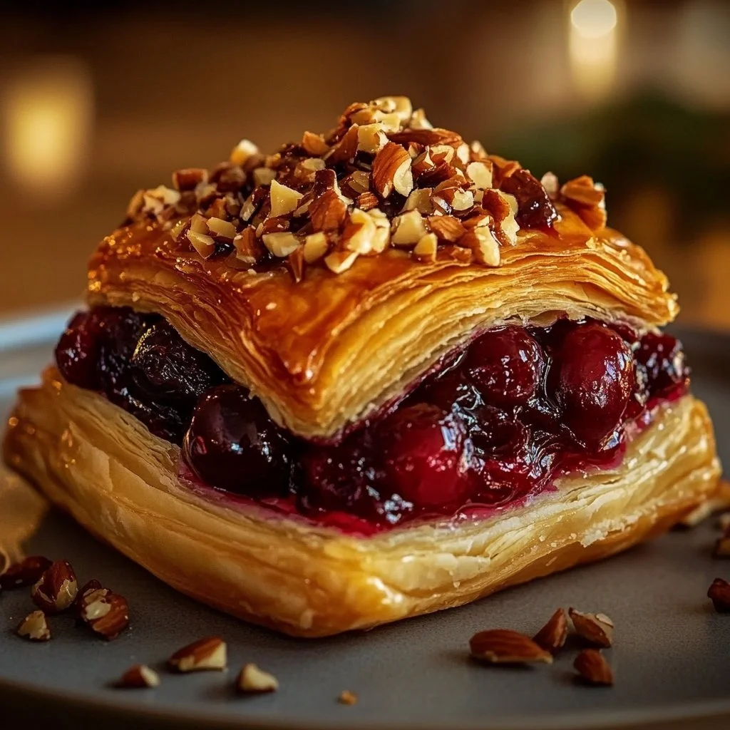 Cranberry Pecan Brie in flaky puff pastry served on a platter
