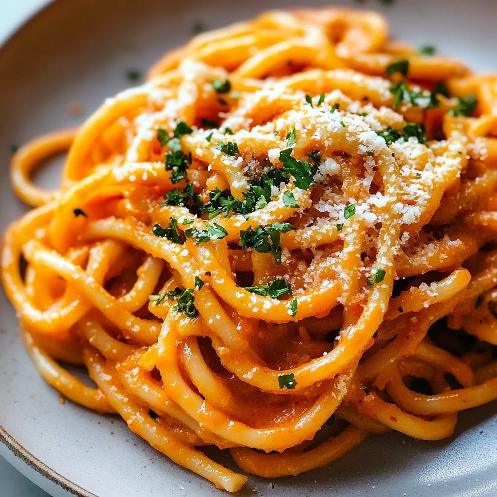 Creamy Gochujang Pasta with fresh vegetables and herbs