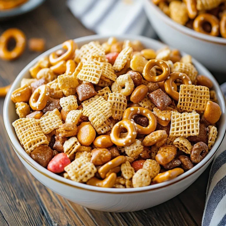 Crockpot Chex Mix served in a bowl, perfect for snacks and gatherings.