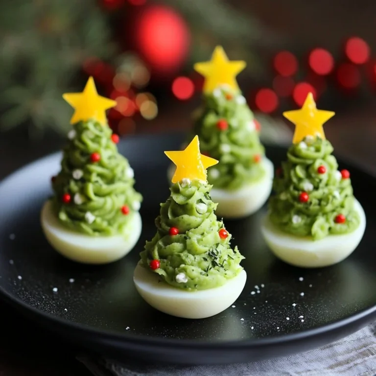 Festive deviled egg Christmas trees arranged on a serving platter.