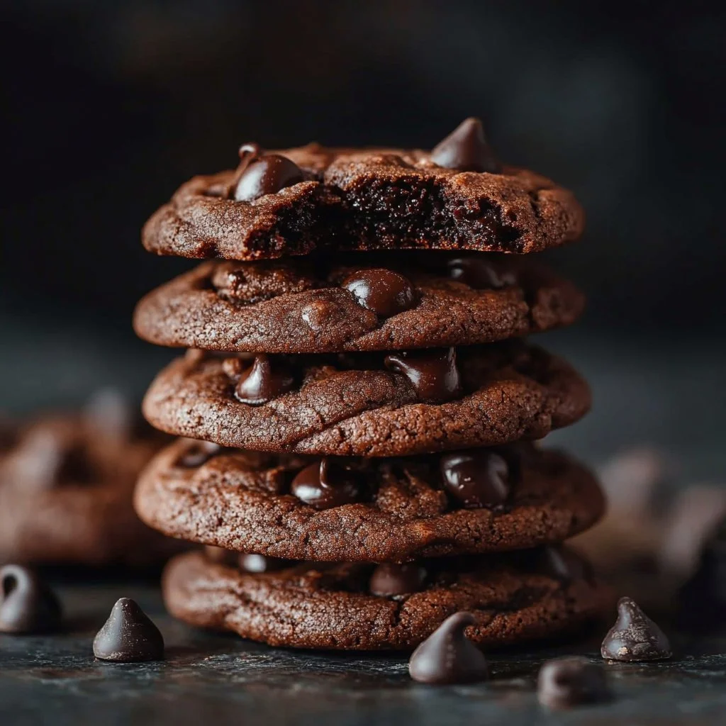 Delicious double chocolate chip cookies with gooey chocolate chunks