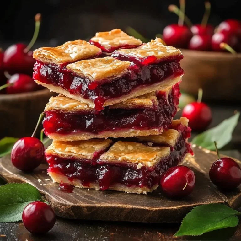 Delicious easy cherry pie bars topped with fresh cherries